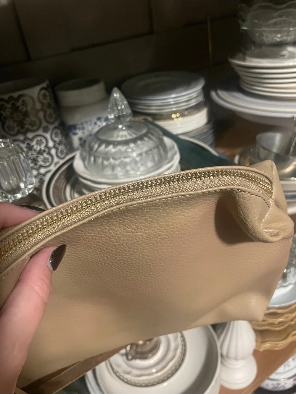 Steve Madden Beige Pebbled Leather Cosmetic Pouch with Gold Zip